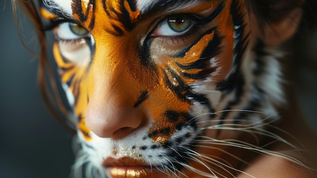 Photo attractive lady with tiger makeup posing indoor during evening