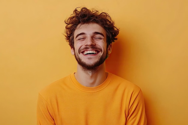 Photo attractive laughing guy having fun smiling happily