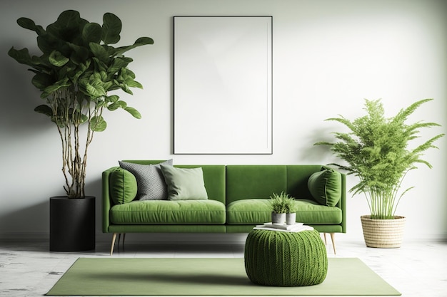 An attractive loft interior features a green sofa a design pouf a mock up poster