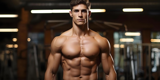 Attractive man showing off muscles in fitness center Concept Muscle Flexing Fitness Routine Athlete Training Strength Workouts