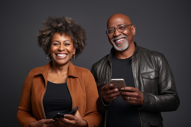 Attractive mature black woman and black man with phone on studio color background