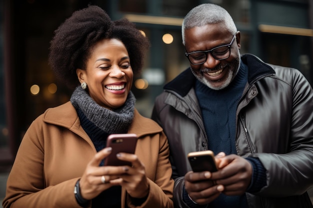 Attractive mature black woman and black man with phone on studio color background