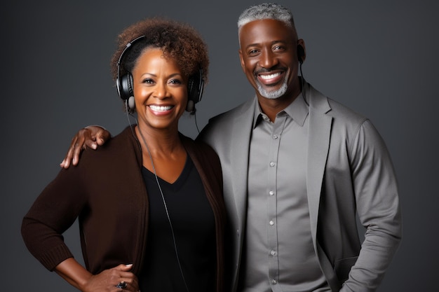 Attractive mature black woman and black man with phone on studio color background