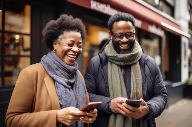 Attractive mature black woman and black man with phone on studio color background