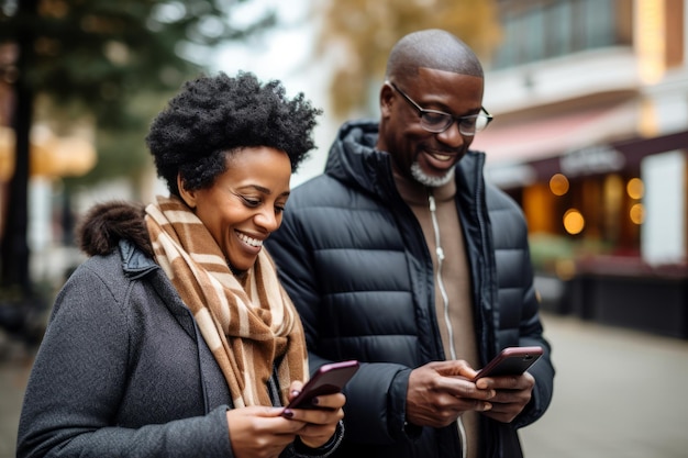 attractive mature black woman and black man with phone on studio color background