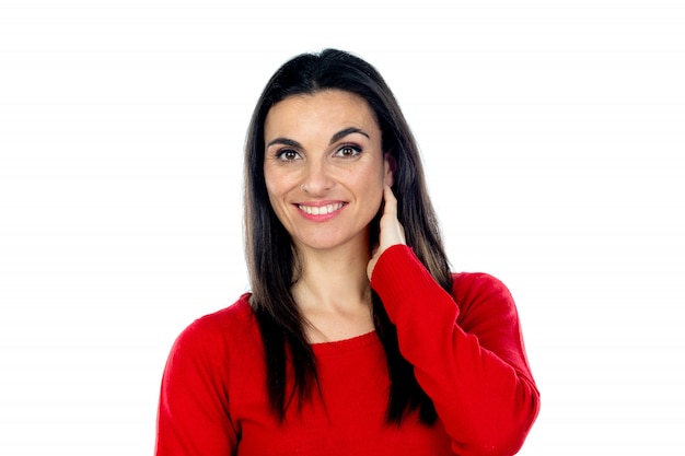 Attractive mature woman wearing red jersey