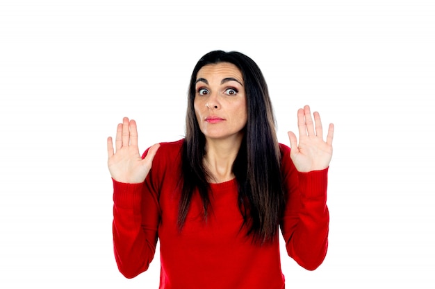 Attractive mature woman wearing red jersey