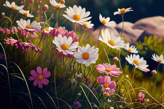 Attractive Meadow with lots of white and pink spring daisy flowers in sunny day Generative Ai