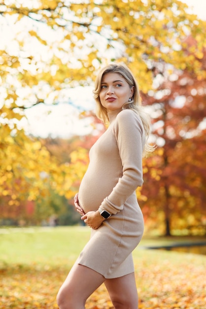 Attractive millennial pregnant woman holding tenderly her tummy at autumn park