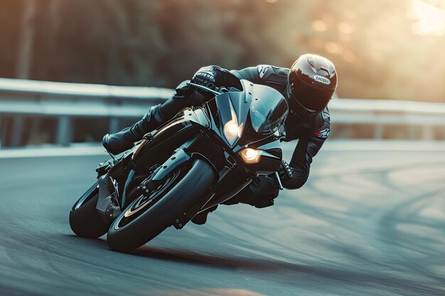 Photo attractive motorcyclist on black super sport bike in european road racing championship unknown pilot on motogp team biker racing on road