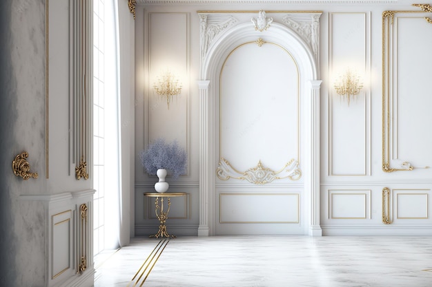 An attractive and opulent empty interior room with a white classic wall golden mouldings