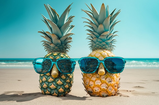 attractive pineapples on the sand seabeach sunglassessummer vacation Generative AI