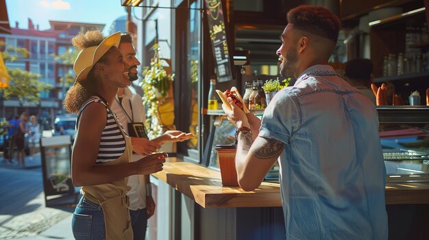 Attractive Rear of Caucasian couple standing outdoors at festive food truck cafe window