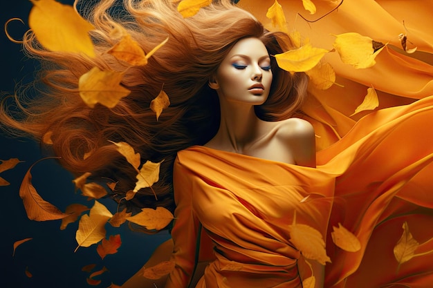 Attractive redhead woman model symbolizing autumn season with bright colours