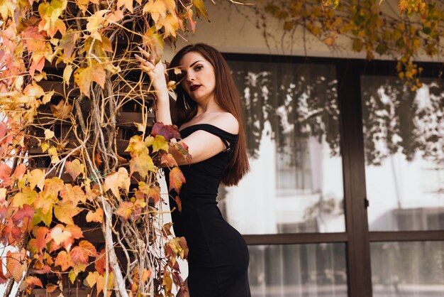 Attractive sexy girl in a black dress posing in her garden at the wall, enjoying a rich life