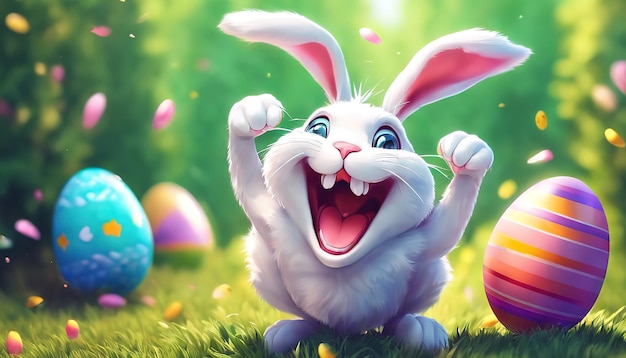 Attractive Smiling bunny jumps out of Easter egg cartoon style Happy Easter and Easter Monday