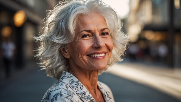 Attractive smiling white haired mature woman posing in a city street looking at the camera