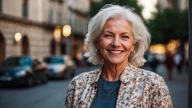 Attractive smiling white haired mature woman posing in a city street looking at the camera