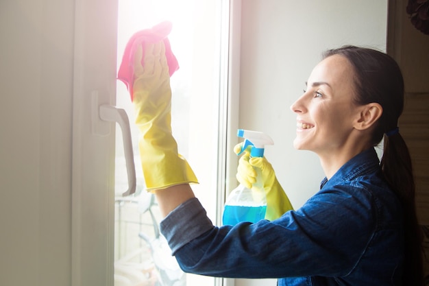 Attractive smiling Woman Washing the Window with spray and rag