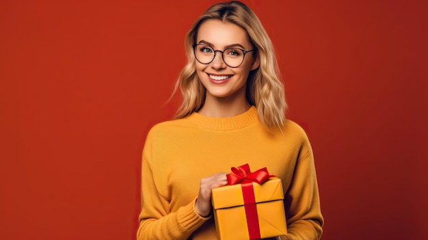 An attractive smiling young woman holding a gift box