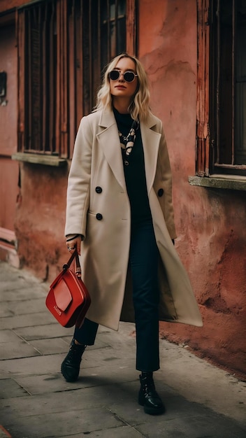 Attractive stylish blonde woman in beige coat walking in street against vintage wall