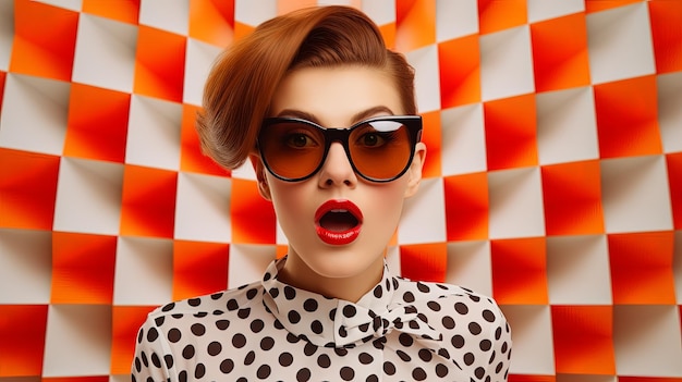 Attractive surprised young woman wearing sunglasses on checkered background beauty and fashion concept