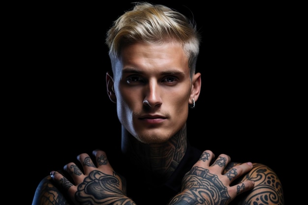 Attractive tattooed man posing irreverent in studio