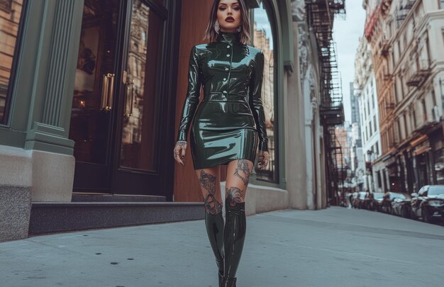 Photo attractive tattooed woman in shiny olive latex skirt walking by luxury fashion store window