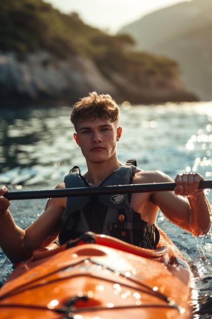 Attractive teenage boy kayaking on the river