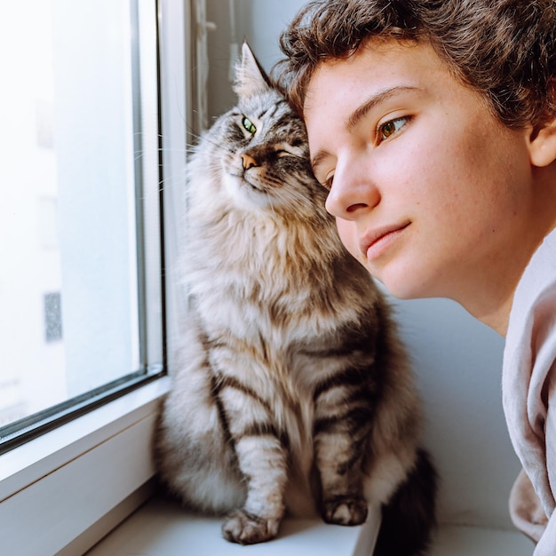 Attractive teenage girl next to beloved cat hugging while looking out window