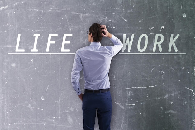 Attractive thoughtful young european businessman with writing on concrete wall trying to balance life and work Success career failure work life and personal development concept