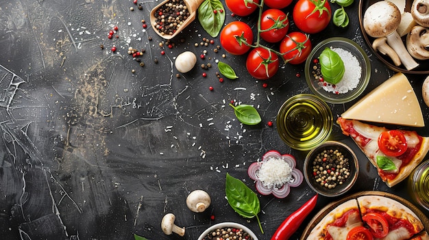 Attractive Top view fresh red tomatoes with seasonings on dark background