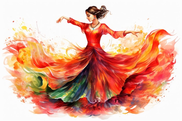 Attractive woman celebrating nowruz in traditional dress by dancing watercolor illustration