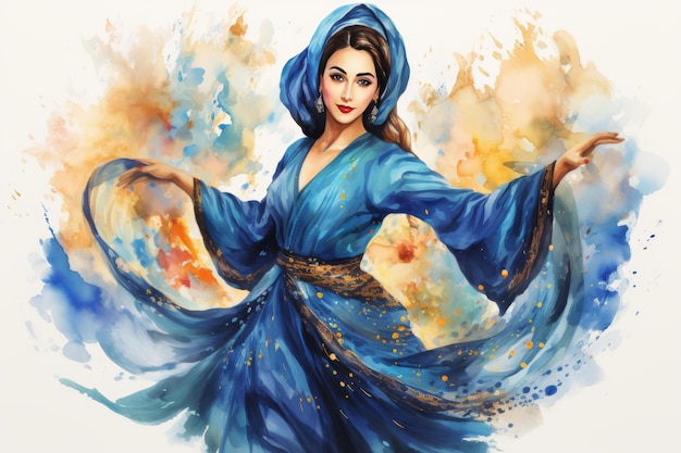 Attractive woman celebrating nowruz in traditional dress watercolor illustration of festive dancing