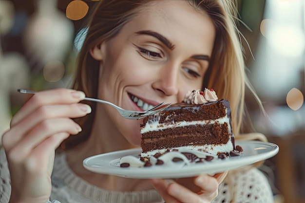 Photo attractive woman eating a cream chocolate cakecelebrating birthday party