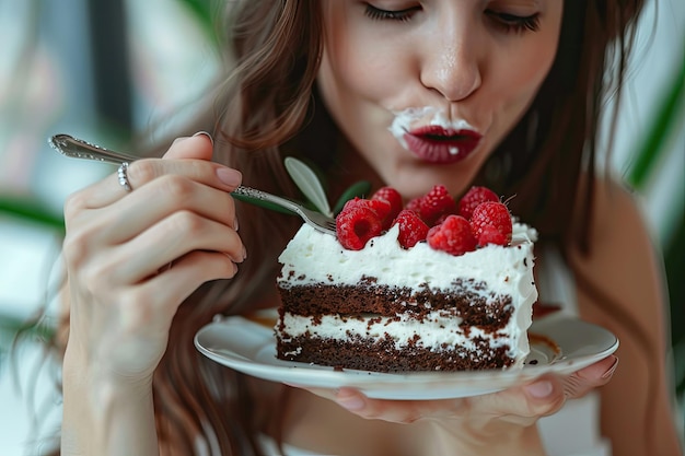 Photo attractive woman eating a cream chocolate cakecelebrating birthday party