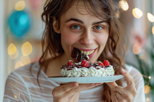 Photo attractive woman eating a cream chocolate cakecelebrating birthday party