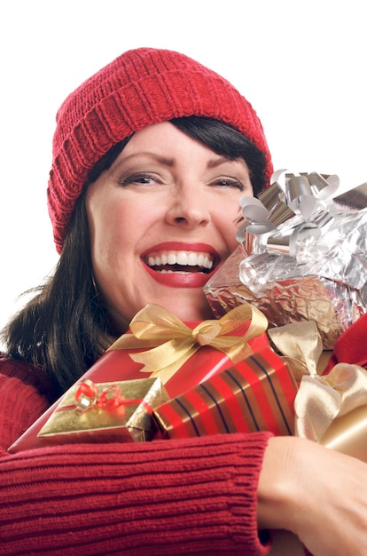 Photo attractive woman holds gifts