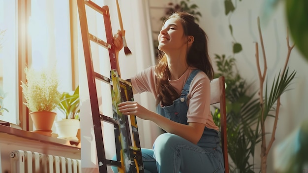 Photo attractive woman renewing painting chair at home generative ai