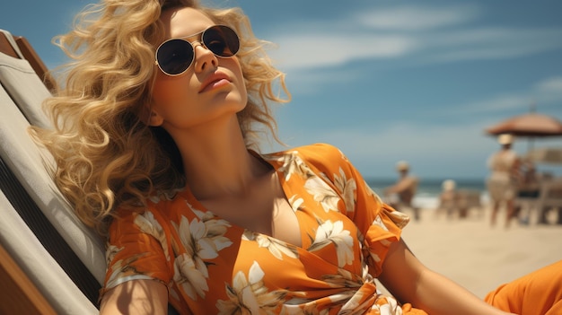 Attractive woman sitting on a beach chair wearing black sunglasses