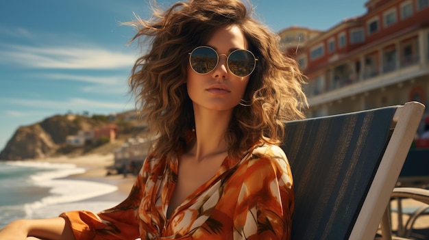 Attractive woman sitting on a beach chair wearing black sunglasses