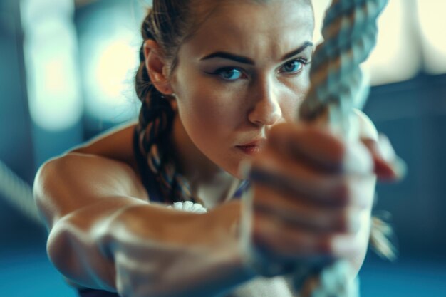 Photo attractive woman using battle ropes closeup fitness center energetic and powerful copy space