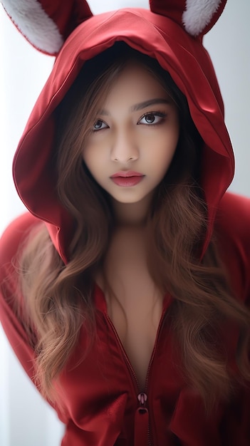 Attractive woman wearing red rabbit costume Generative AI