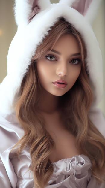 Attractive woman wearing white rabbit costume Generative AI