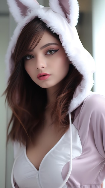 Attractive woman wearing white rabbit costume Generative AI