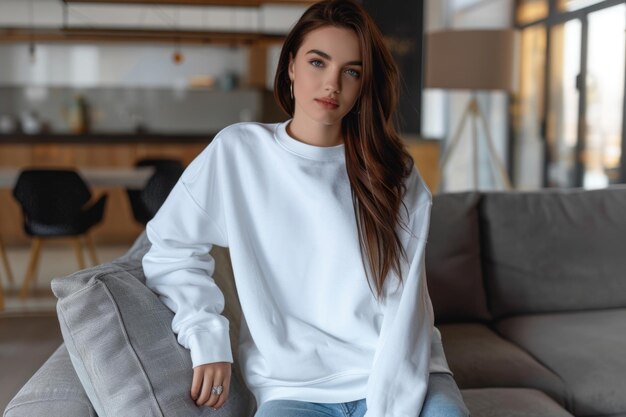 Photo attractive woman in a white sweatshirt sitting on the sofa in her modern living room