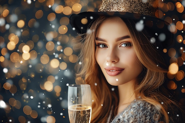 Attractive Woman with Champagne Toast in Festive Setting