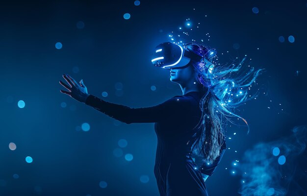 An attractive woman with flowing hair in a futuristic dress over a dark background A girl wearing virtual reality glasses Augmented reality science future technology robots and people concept