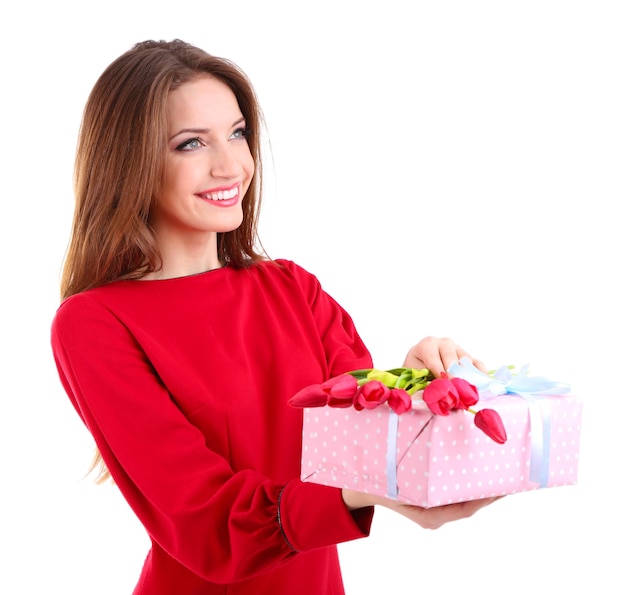 Attractive woman with gift box, isolated on white