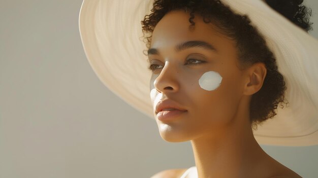 Attractive woman with healthy skin applying sunscreen to shoulder wearing white sun Generative AI